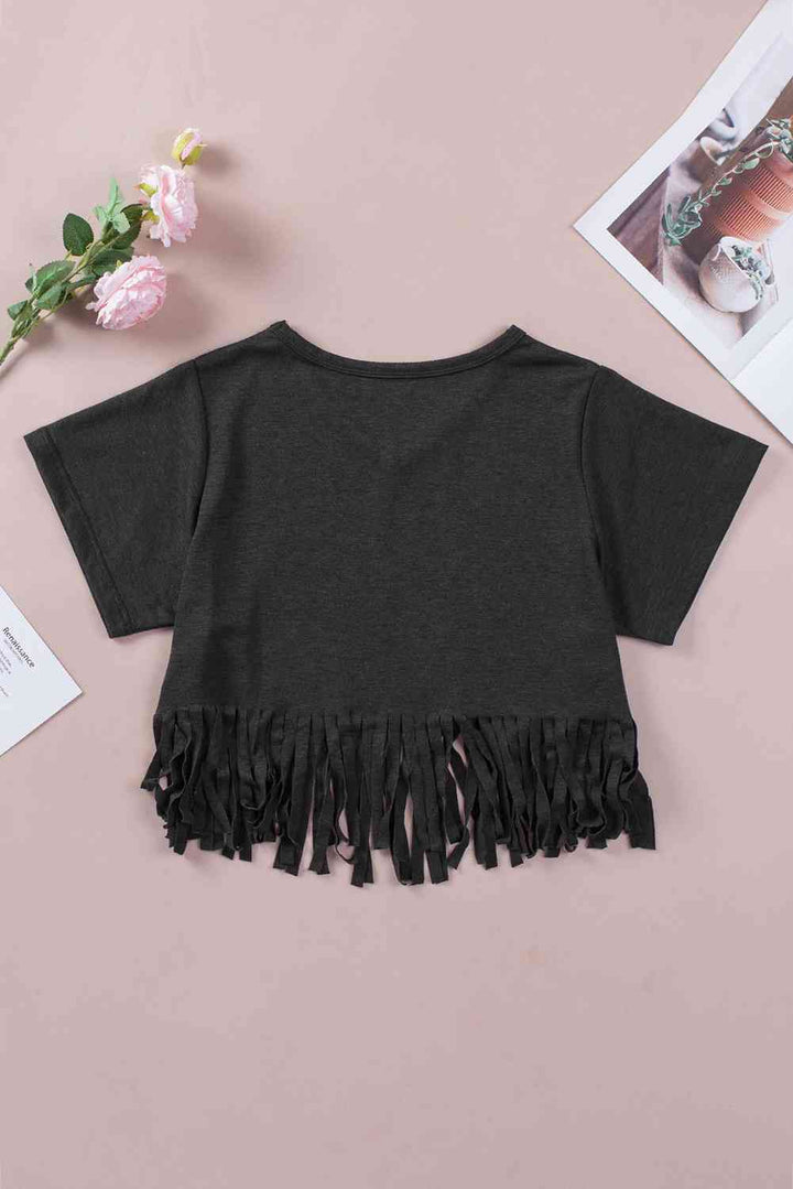 V-Neck Fringe Hem T-Shirt | 1mrk.com