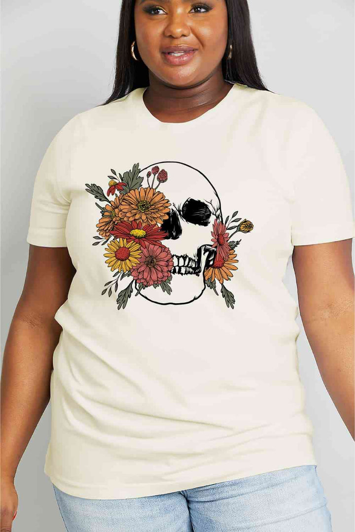 Simply Love Full Size Flower Skull Graphic Cotton Tee | 1mrk.com