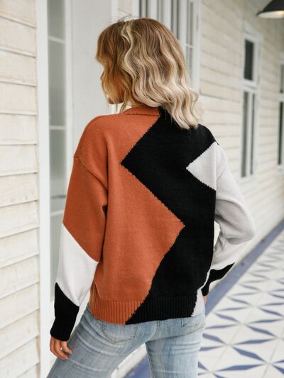 Color Block Round Neck Dropped Shoulder Sweater |1mrk.com