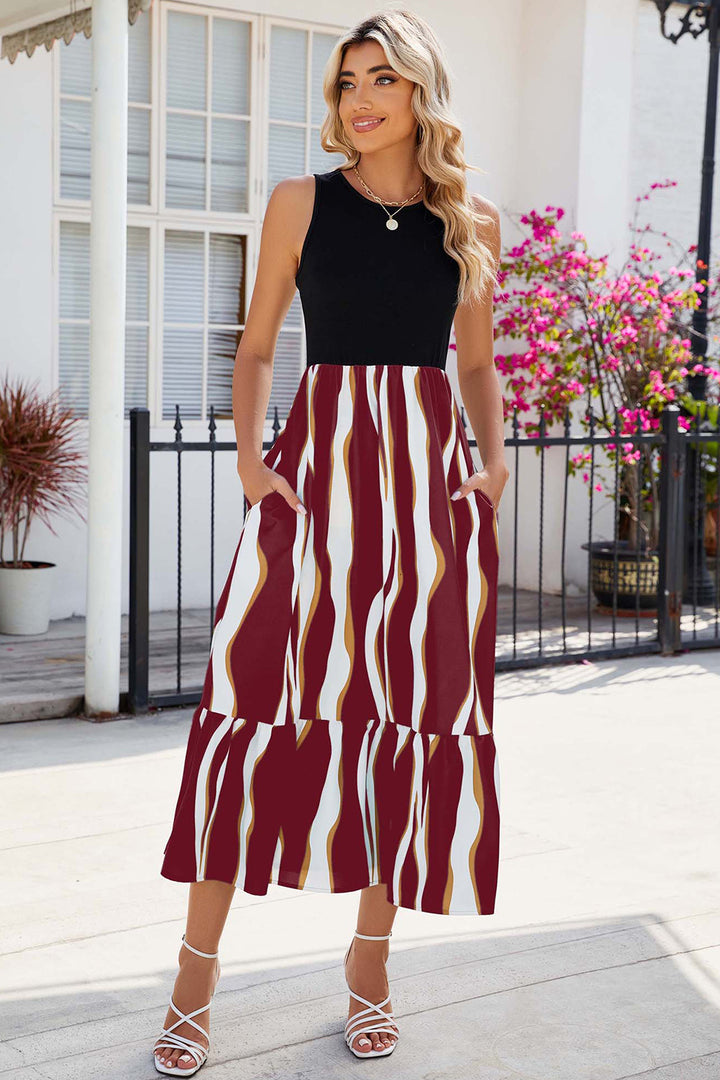 Striped Round Neck Sleeveless Midi Dress | Trendsi