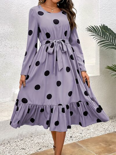 Tied Polka Dot Round Neck Ruffle Hem Dress |1mrk.com