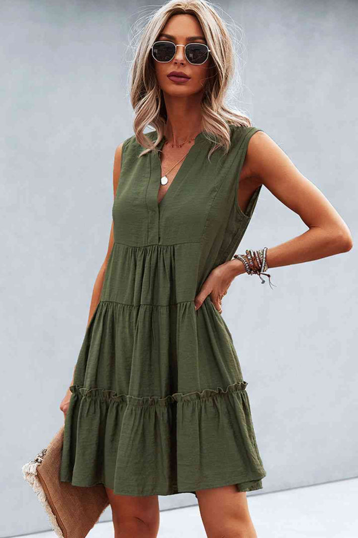 Frill Trim Notched Sleeveless Tiered Dress |1mrk.com