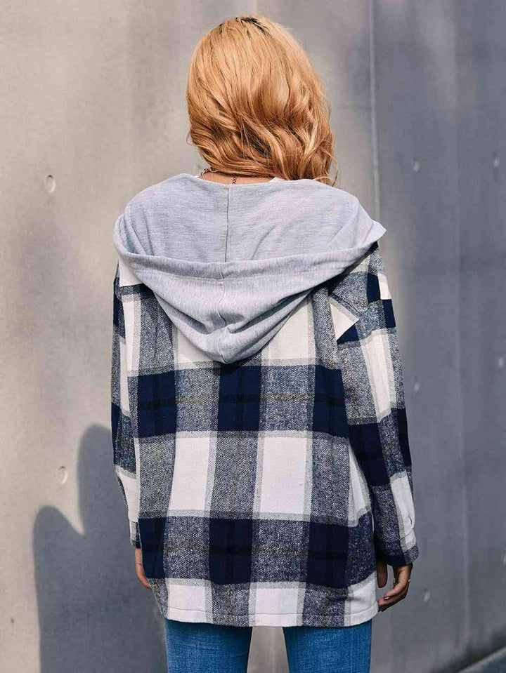 Plaid Dropped Shoulder Hooded Jacket | 1mrk.com