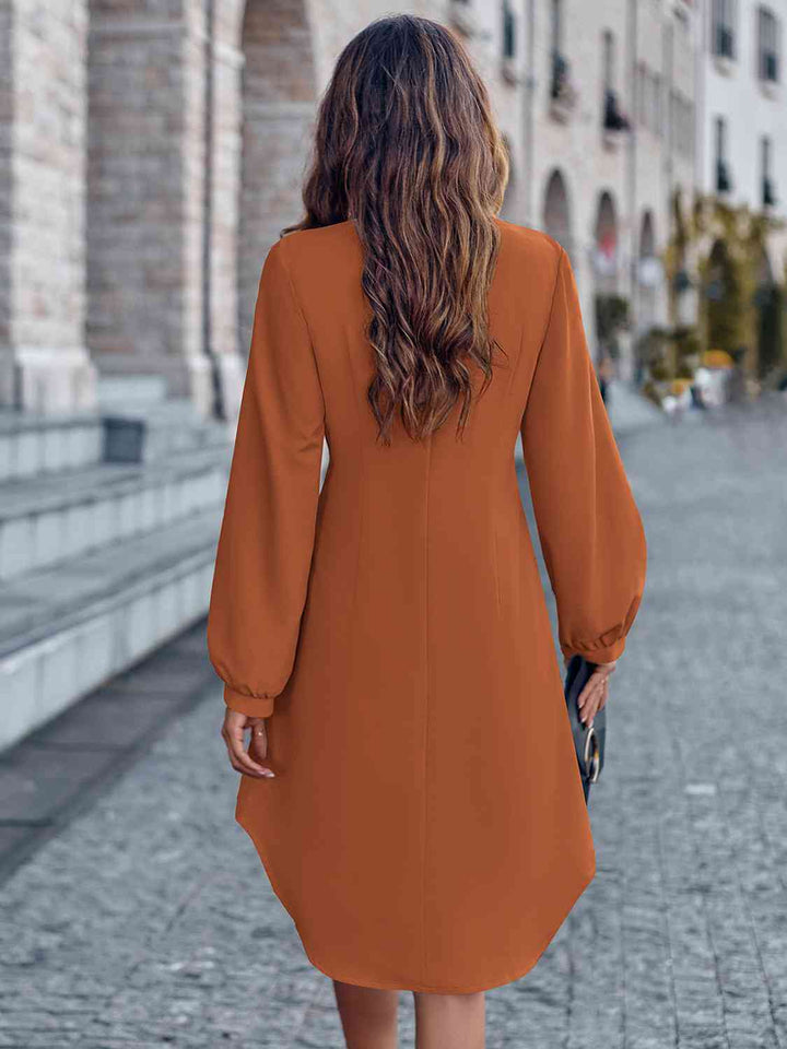 Notched Neck Long Sleeve Dress |1mrk.com