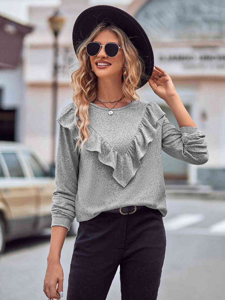 Ruffled Round Neck Long Sleeve Top | 1mrk.com