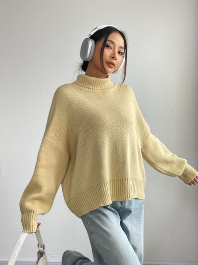 Turtleneck Dropped Shoulder Sweater | Trendsi