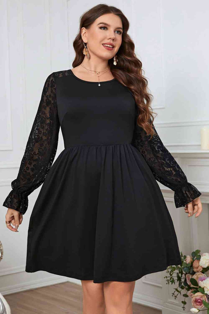 Melo Apparel Plus Size Lace Trim Round Neck Flounce Sleeve Dress |1mrk.com