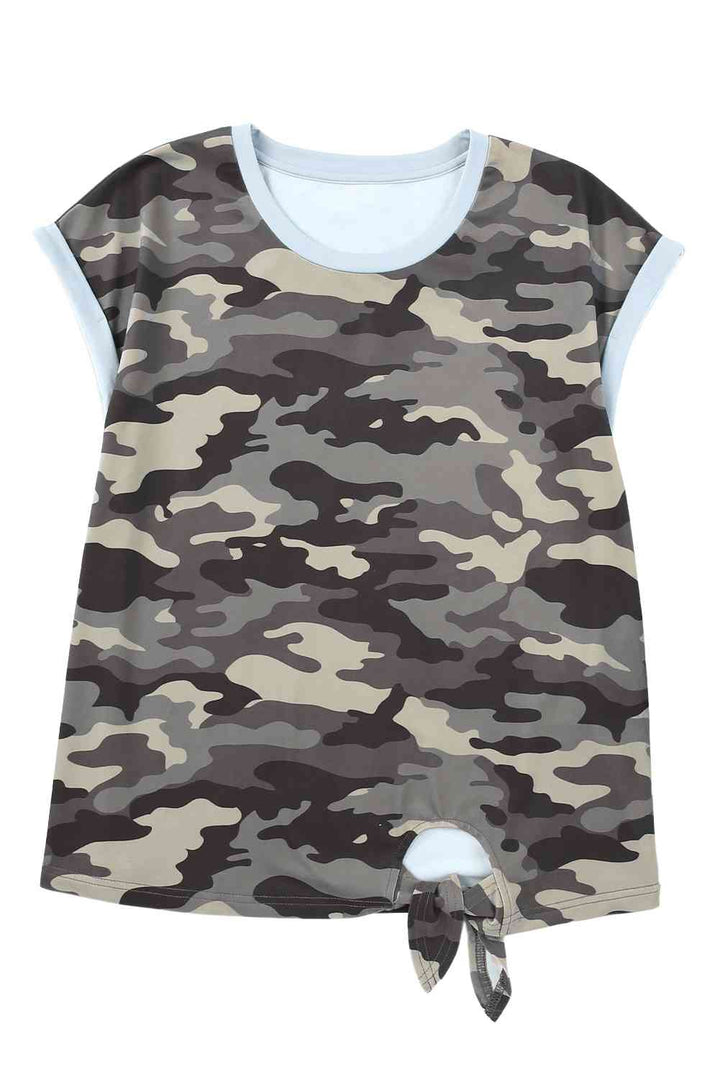 Camouflage Print Round Neck Tie Hem Tee | 1mrk.com