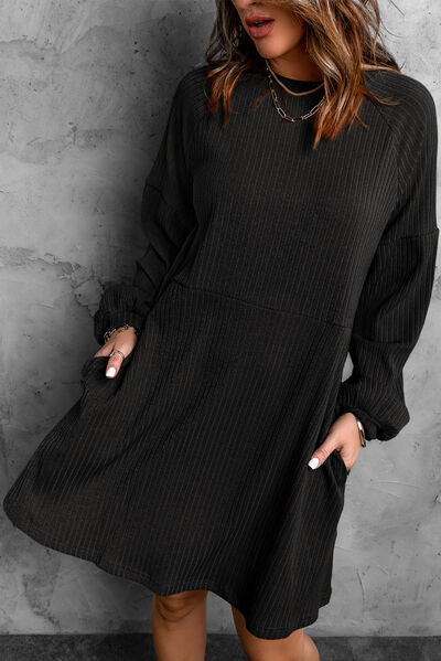 Round Neck Long Sleeve Mini Dress |1mrk.com