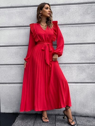 Pleated Surplice Tie Waist Maxi Dress |1mrk.com