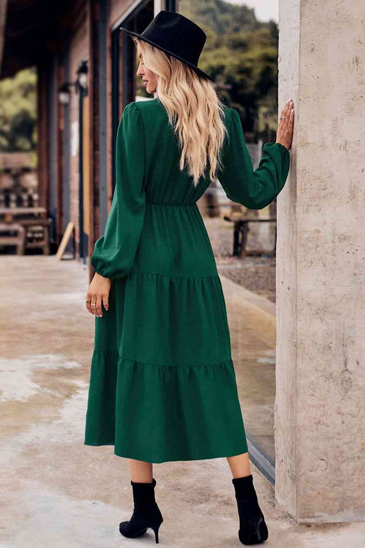 Collared Neck Long Sleeve Midi Dress |1mrk.com