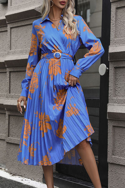 Floral Pleated Surplice Long Sleeve Midi Dress |1mrk.com