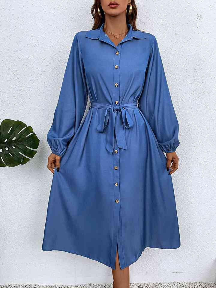 Button-Down Tie Waist Collared Neck Dress |1mrk.com