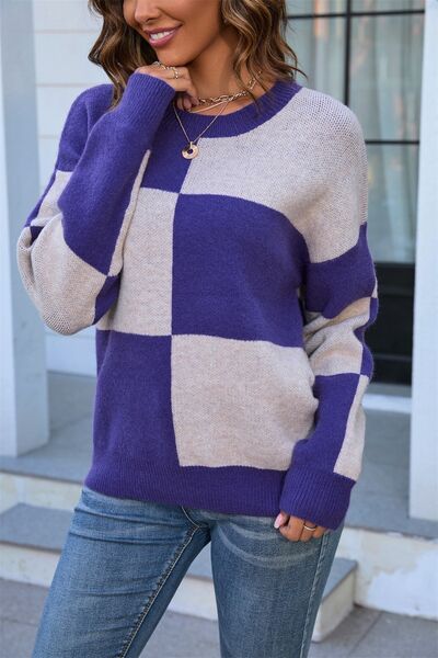 Color Block Round Neck Dropped Shoulder Sweater | Trendsi