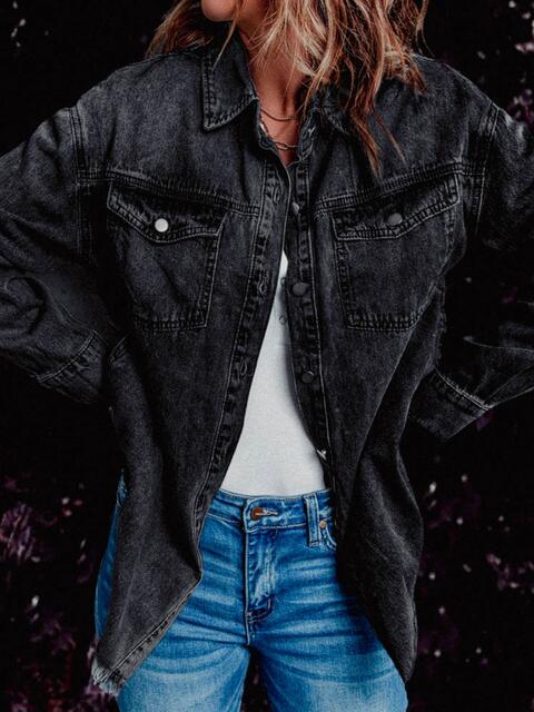 Frayed Hem Collared Denim Jacket | 1mrk.com