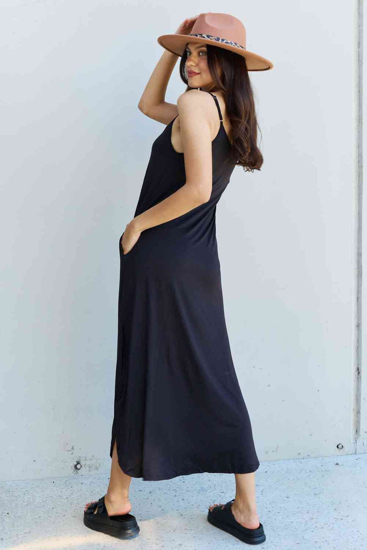 Ninexis Good Energy Full Size Cami Side Slit Maxi Dress in Black | 1mrk.com