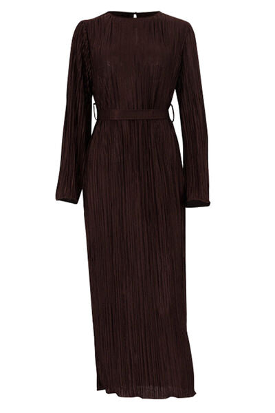 Textured Tied Round Neck Long Sleeve Dress |1mrk.com