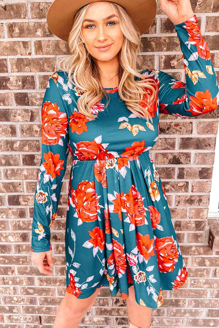 Floral Long Sleeve Pleated Detail Dress |1mrk.com