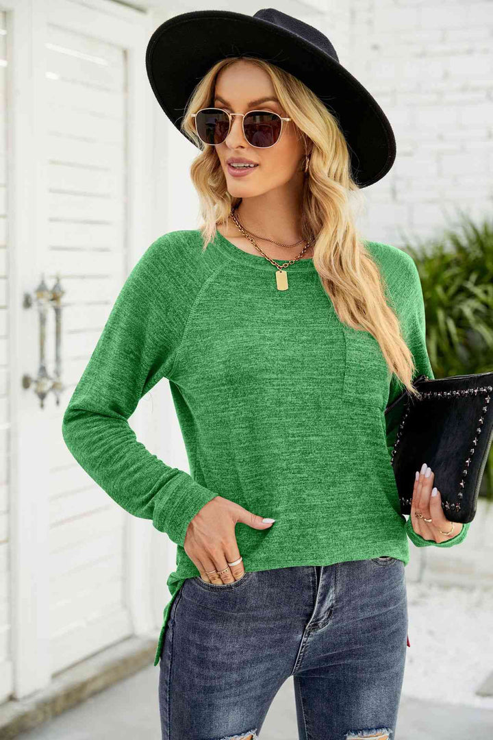 Heathered Slit Long Raglan Sleeve Top | 1mrk.com