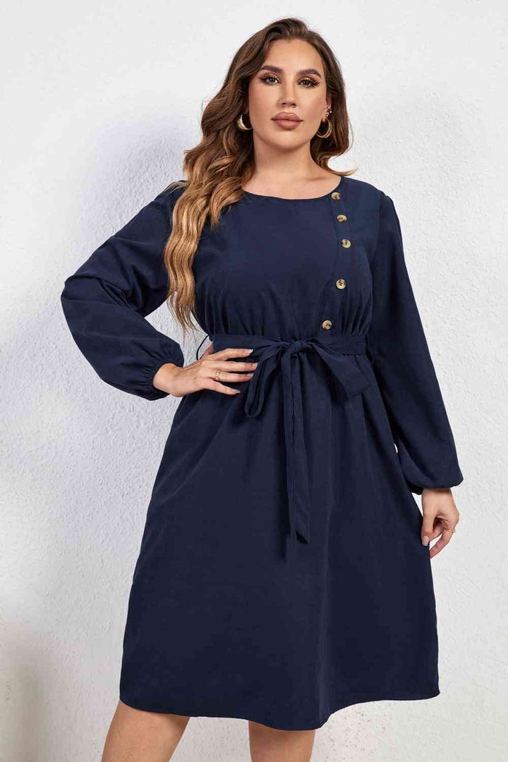 Melo Apparel Plus Size Buttoned Tie Belt Round Neck Long Sleeve Dress |1mrk.com