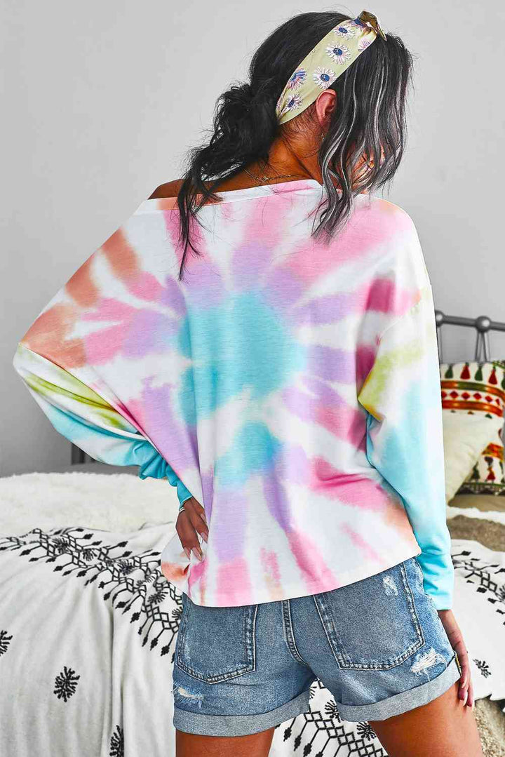 Tie-Dye Boat Neck Batwing Sleeve Tee |1mrk.com