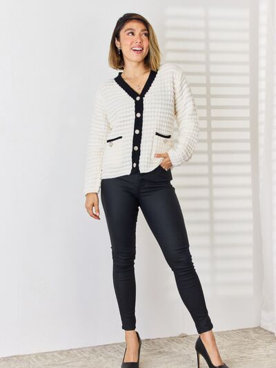 Contrast Trim Button Up Cardigan |1mrk.com