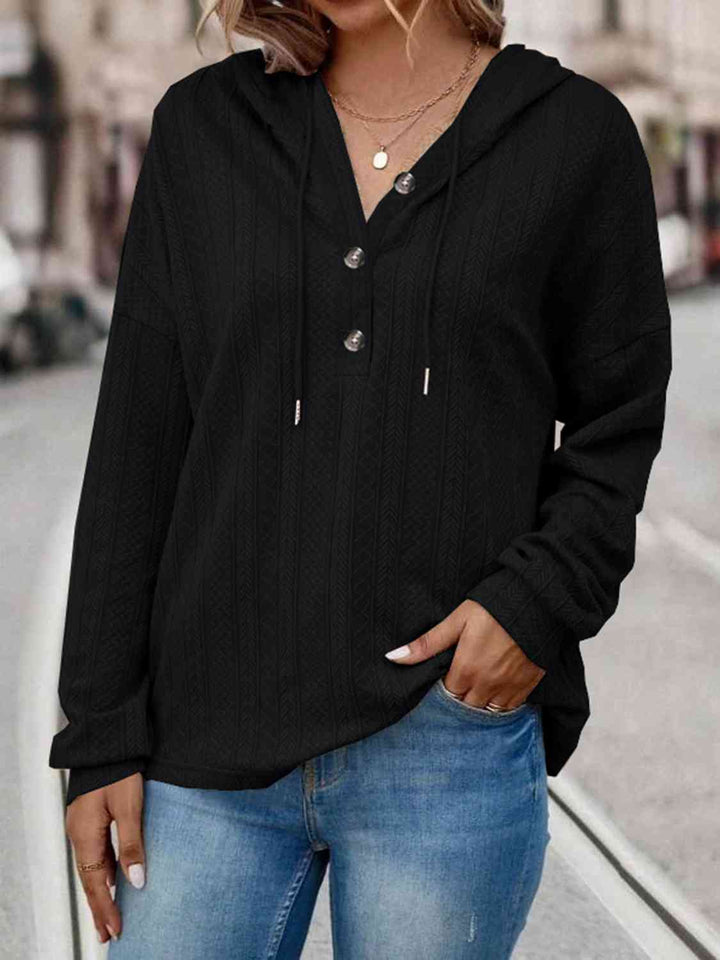 Drawstring Buttoned Drop Shoulder Hoodie | 1mrk.com