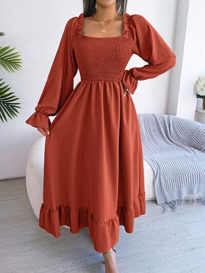 Smocked Square Neck Flounce Sleeve Dress |1mrk.com