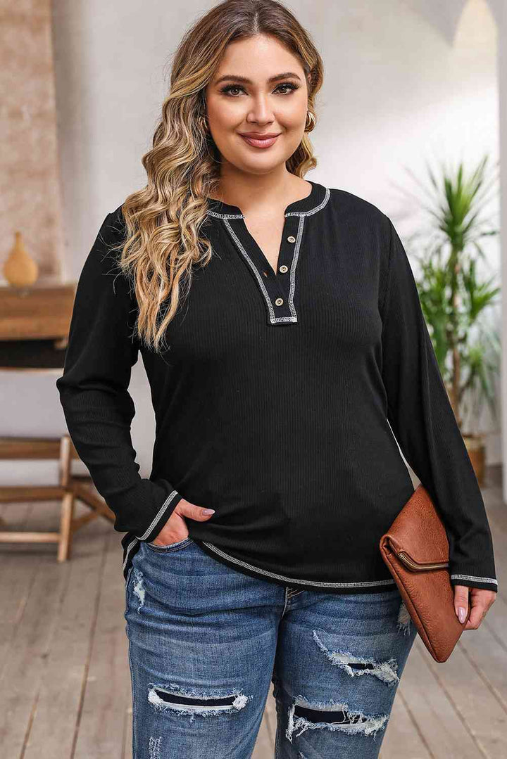 Plus Size Notched Neck Long Sleeve T-Shirt | 1mrk.com