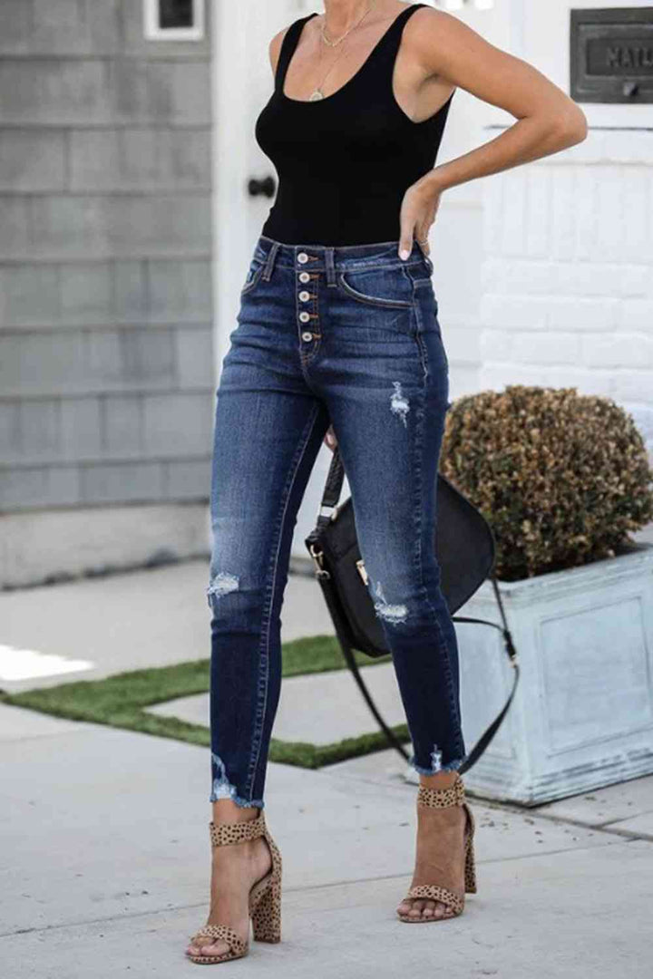 Buttoned Distressed Skinny Jeans | 1mrk.com