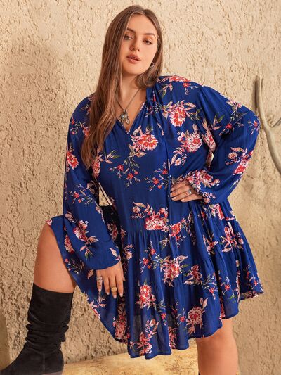 Plus Size Printed Tie Neck Balloon Sleeve Mini Dress |1mrk.com