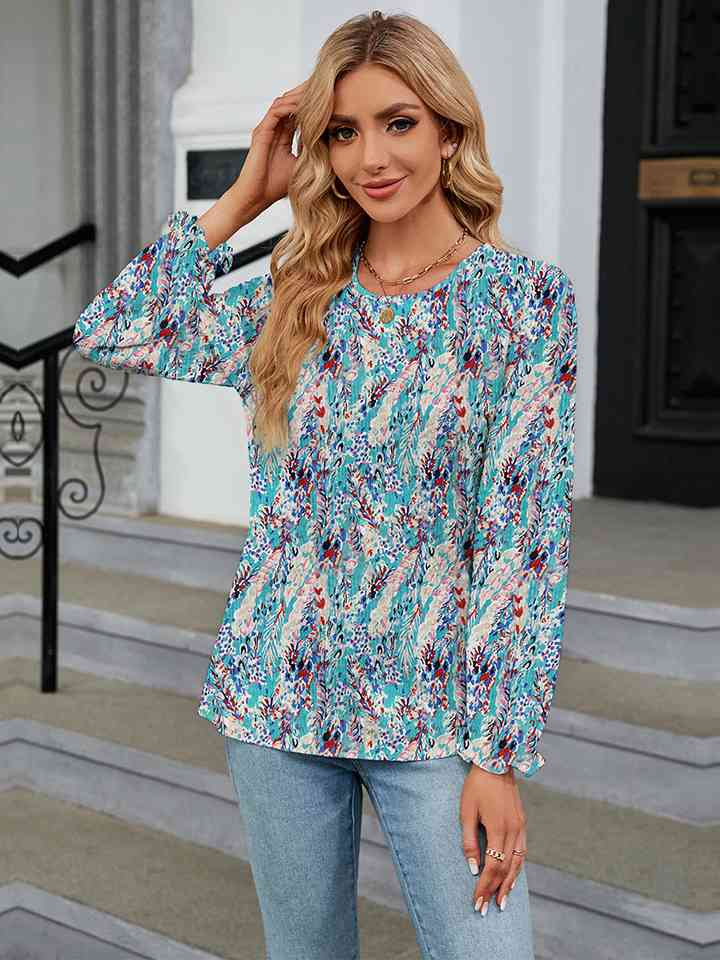 Printed Round Neck Flounce Sleeve Blouse | 1mrk.com