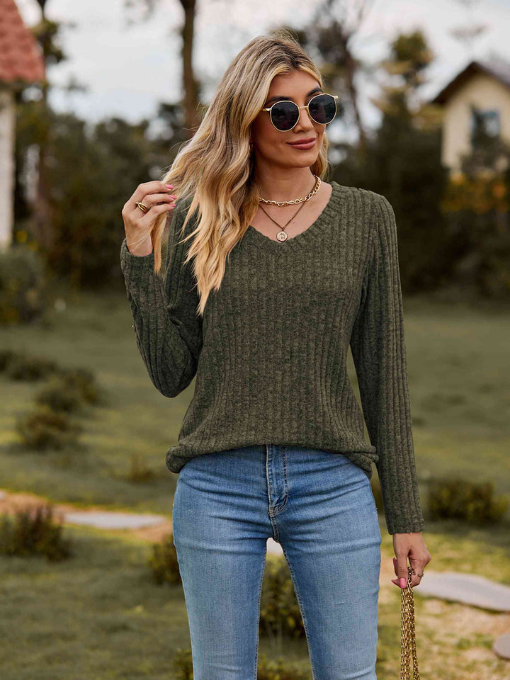 Ribbed V-Neck Long Sleeve Tee | 1mrk.com