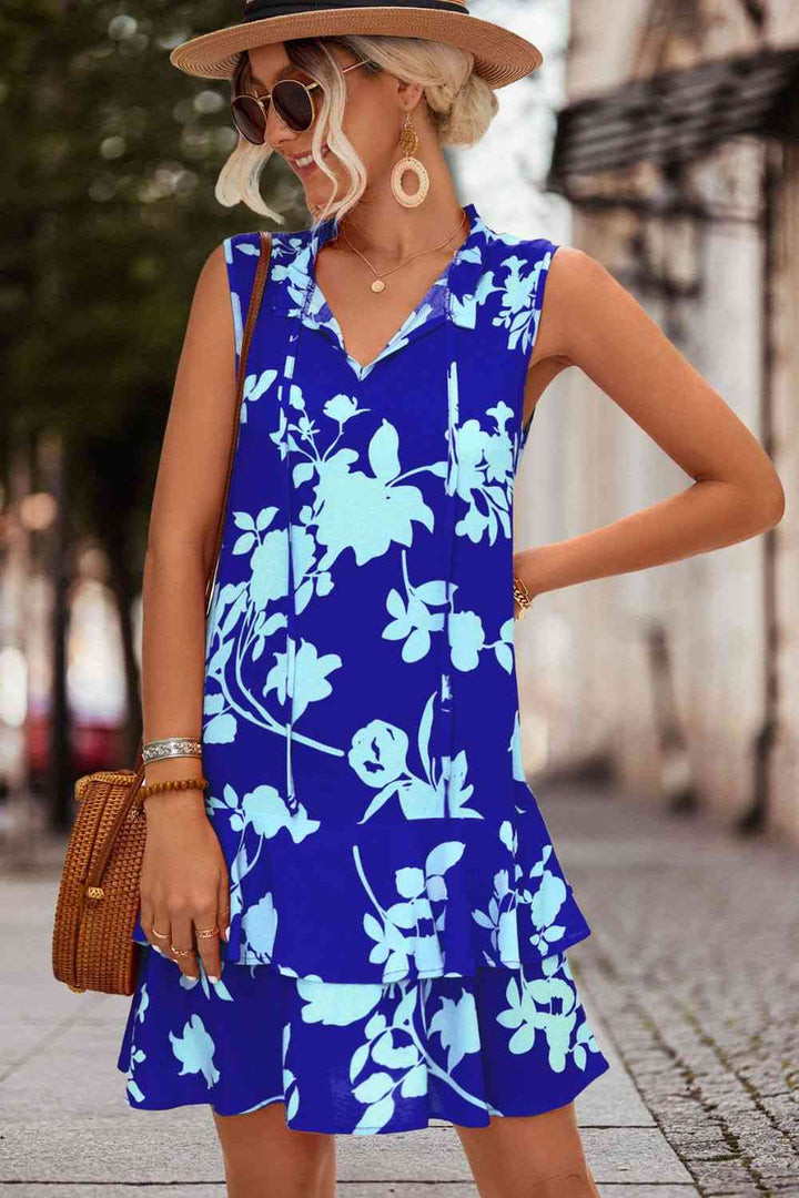 Floral Tie Neck Sleeveless Layered Dress |1mrk.com