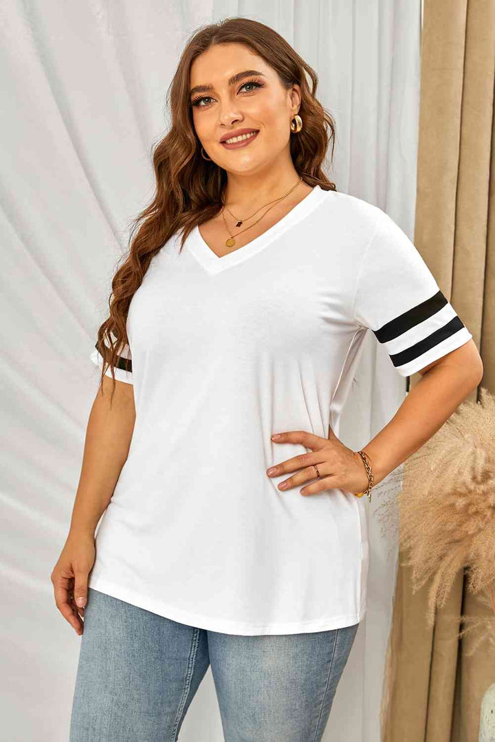 Plus Size Striped V-Neck Tee Shirt | 1mrk.com