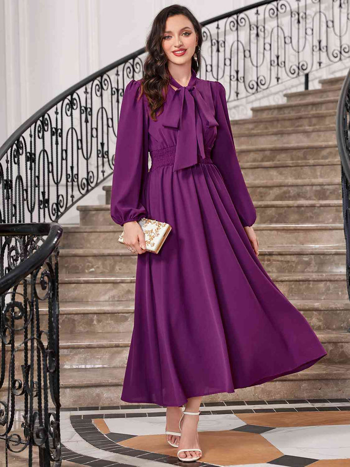 Tie-Neck Balloon Sleeve Dress |1mrk.com