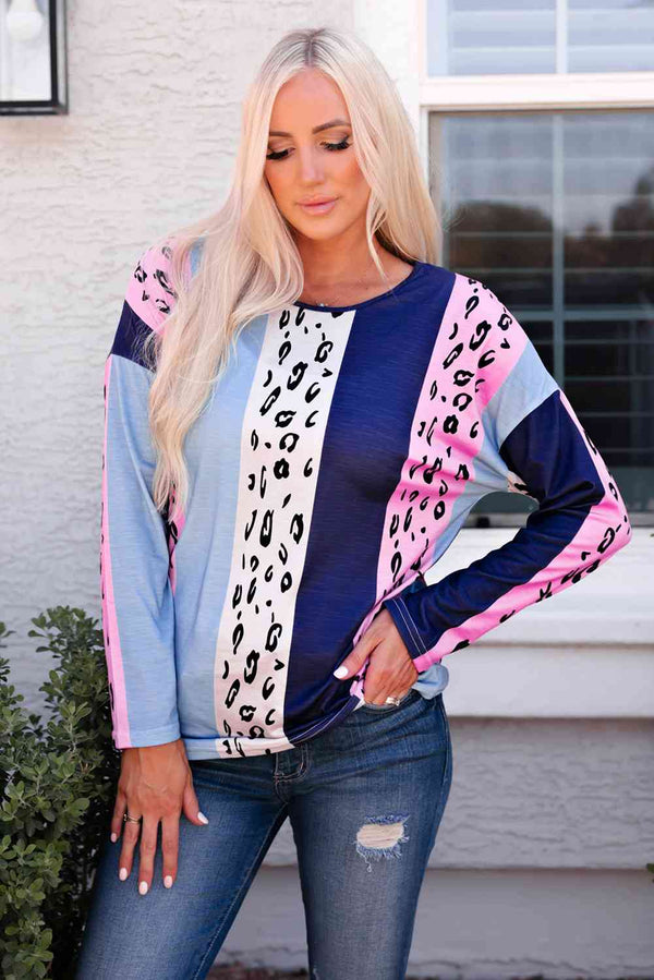 Leopard Color Block Round Neck Top | 1mrk.com