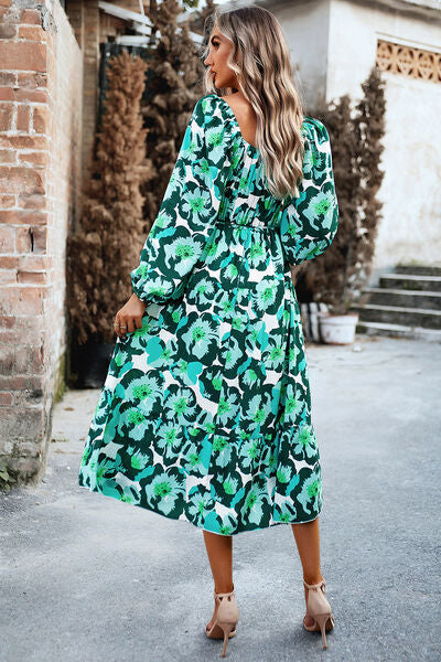 Printed Balloon Sleeve Pocketed Midi Dress |1mrk.com