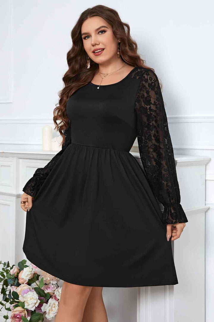 Melo Apparel Plus Size Lace Trim Round Neck Flounce Sleeve Dress |1mrk.com