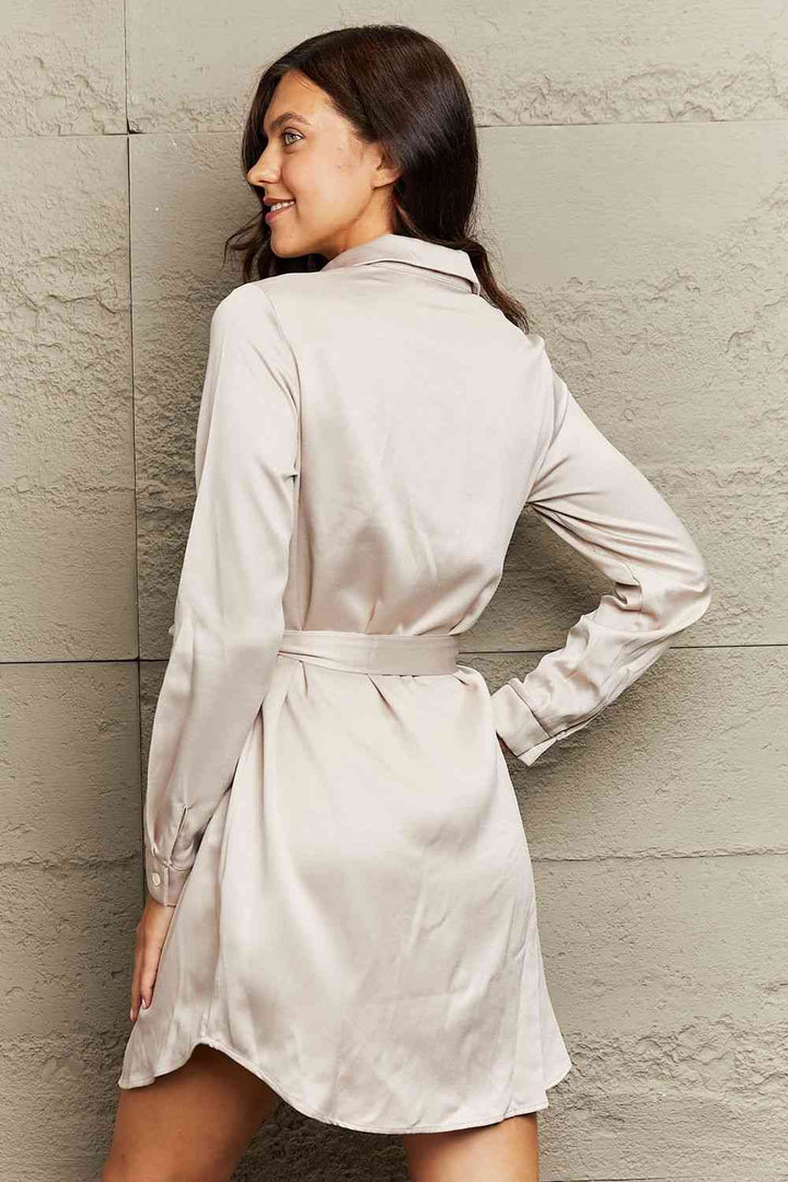 Collared Neck Tie Waist Long Sleeve Buttoned Dress |1mrk.com