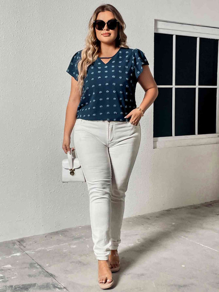 Plus Size Swiss Dot V-Neck Flutter Sleeve Tee | 1mrk.com