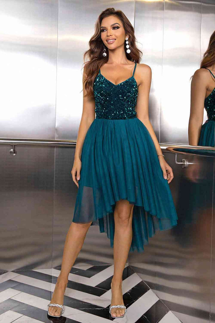 Sequin Spaghetti Strap High-Low Dress | 1mrk.com