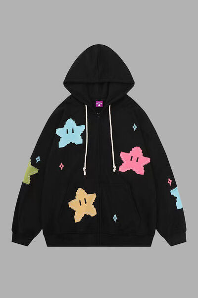 Star Drawstring Zip Up Dropped Shoulder Hoodie | Trendsi