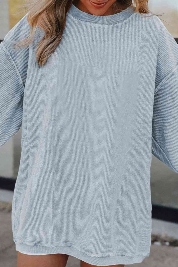 Ribbed Round Neck Drop Shoulder Sweatshirt |1mrk.com