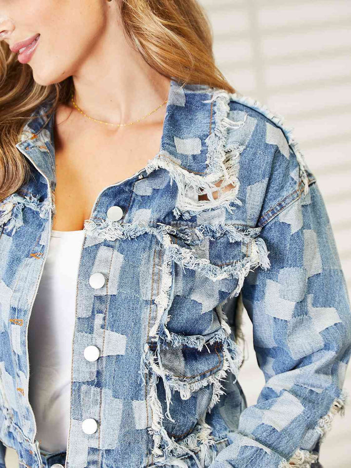 Plaid Raw Hem Dropped Shoulder Denim Jacket | 1mrk.com