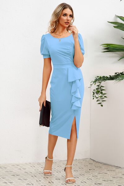 Slit Ruffled Puff Sleeve Midi Dress |1mrk.com