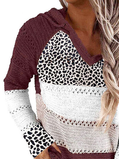 Full Size Openwork Leopard Drawstring Hooded Sweater |1mrk.com