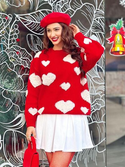 Heart Round Neck Dropped Shoulder Sweater |1mrk.com