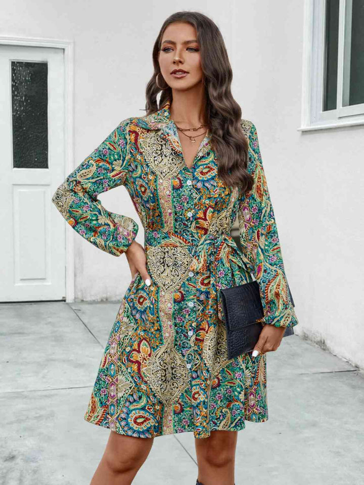 Printed Collared Neck Long Sleeve Dress |1mrk.com