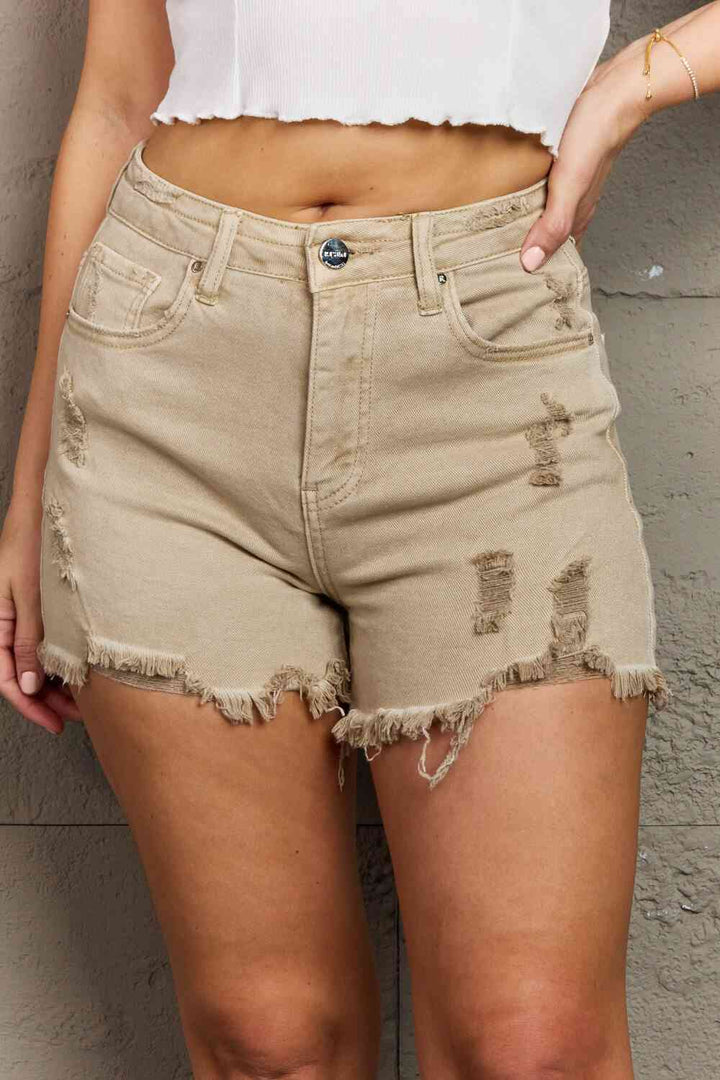 RISEN Katie Full Size High Waisted Distressed Shorts in Sand | 1mrk.com